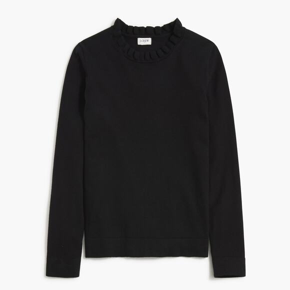 J.Crew Black Ruffleneck Long Sleeve Crewneck Pullover Sweater Size L - Picture 1 of 6